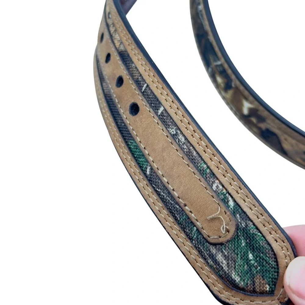 Mens Camouflage Canvas‎ Leather Lined Belt Size 38 Woodland Camo Brown EUC